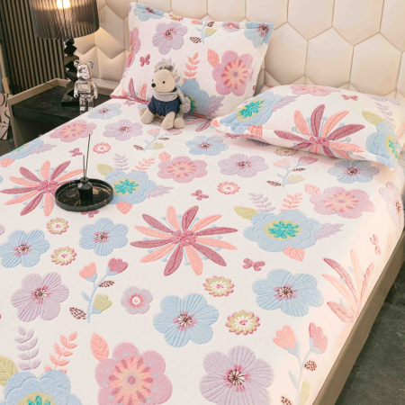 Husă de pat cu elastic, cocolino, 230x250 cm, 2 fețe de pernă, floral pastel [3]