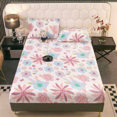 Husă de pat cu elastic, cocolino, 230x250 cm, 2 fețe de pernă, floral pastel [0]