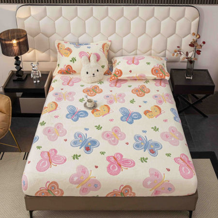 Dormitor - Husă de pat cu elastic, cocolino, 230x250 cm, 2 fețe de pernă, fluturi multicolori