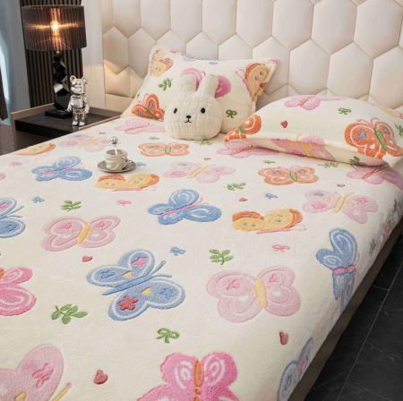 Dormitor - Husă de pat cu elastic, cocolino, 230x250 cm, 2 fețe de pernă, fluturi multicolori
