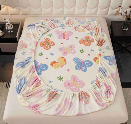 Dormitor - Husă de pat cu elastic, cocolino, 230x250 cm, 2 fețe de pernă, fluturi multicolori