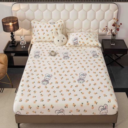 Huse protecție pat - Husă de pat cu elastic, cocolino, 230x250 cm, 2 fețe de pernă, iepurași și flori