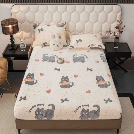 Huse protecție pat - Husă de pat cu elastic, cocolino, 230x250 cm, 2 fețe de pernă, pisicuțe și inimioare