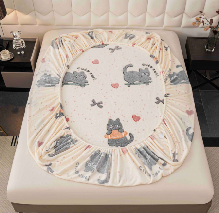 Huse protecție pat - Husă de pat cu elastic, cocolino, 230x250 cm, 2 fețe de pernă, pisicuțe și inimioare