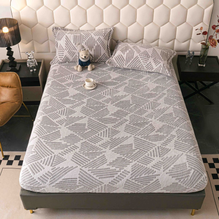 Huse protecție pat - Husă de pat cu elastic, cocolino, 230x250 cm, 2 fețe de pernă, geometric gri-crem