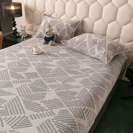 Huse protecție pat - Husă de pat cu elastic, cocolino, 230x250 cm, 2 fețe de pernă, geometric gri-crem