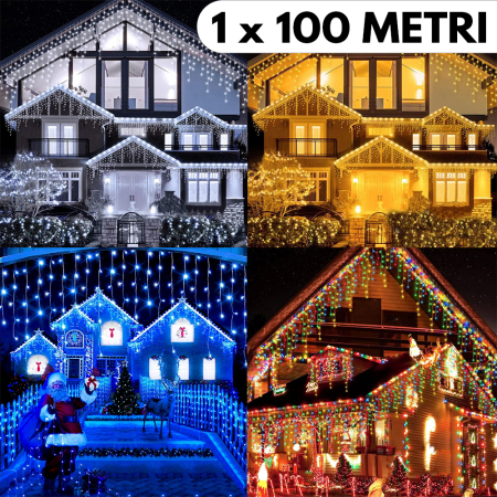 Instalații Crăciun - Instalație de Crăciun, 1 x 100 metri, franjuri tip țurțuri, fir gros, cu flash, exterior, 4 culori