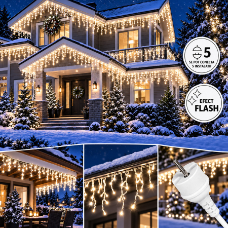 Instalații Crăciun - Instalație de Crăciun, 1 x 100 metri, franjuri tip țurțuri, fir gros, cu flash, exterior, 4 culori