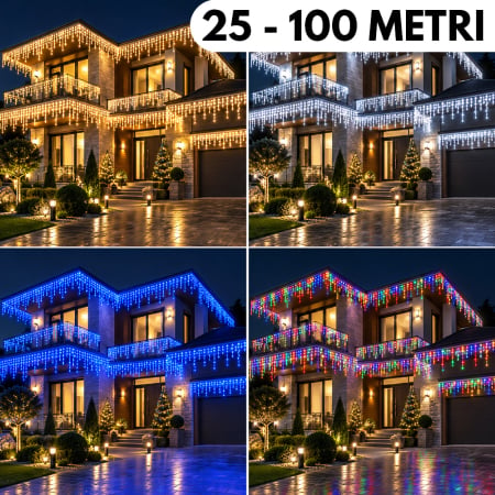 Instalații Crăciun - Instalație de Crăciun, franjuri cu 8 jocuri de lumini, fir gros, exterior, 25 - 100 metri, 4 culori