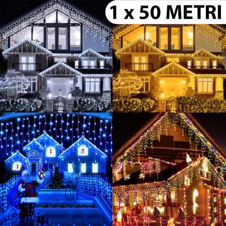 Instalații Crăciun - Instalație de Crăciun, 1 x 50 metri, franjuri cu flash, cu led tip țurțuri, fir gros, exterior, 4 culori