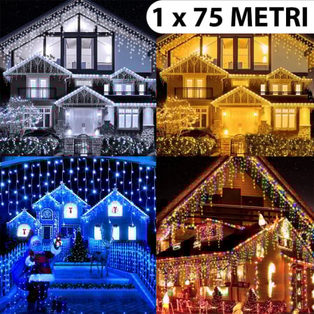 Instalații Crăciun - Instalație de Crăciun, 1 x 75 metri, franjuri cu flash, cu led tip țurțuri, fir gros, exterior, 4 culori