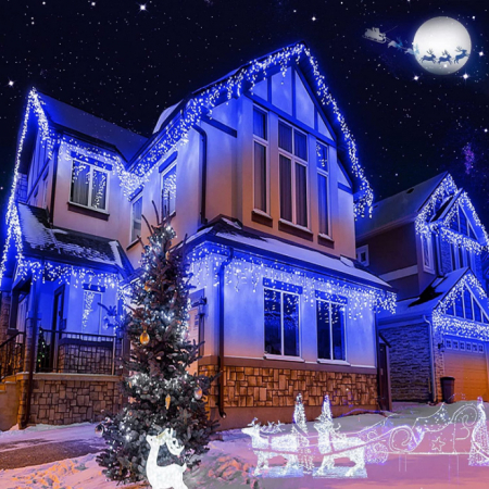 Instalație de Crăciun, franjuri cu flash, cu led tip țurțuri, fir gros, exterior, albastru, 75 metri [2]