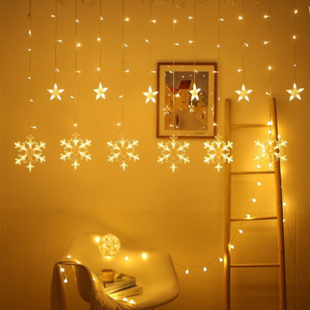 Instalații Crăciun - Instalație de Crăciun, perdea 12 fulgi cu stele, 3 metri, diverse culori
