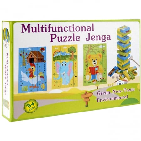 Jucării - Joc Jenga Interactiv 3 in 1 Puzzle Turn din Lemn și Domino JC07