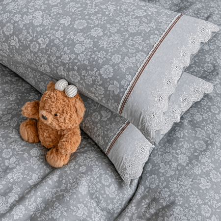 Lenjerii 100% Bumbac - Lenjerie de pat bumbac 100%, 4 piese, model floral gri, BCP411