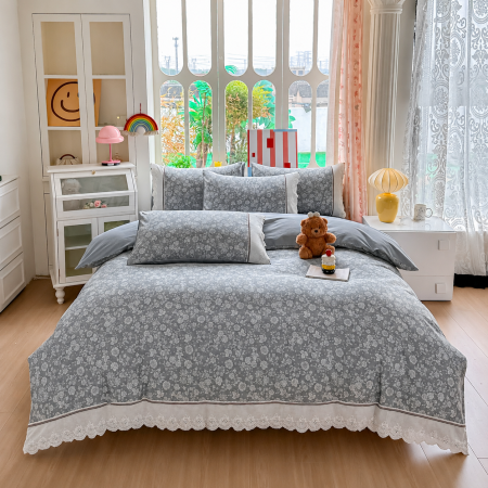 Lenjerii 100% Bumbac - Lenjerie de pat bumbac 100%, 4 piese, model floral gri, BCP411