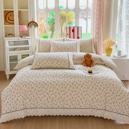 Lenjerii 100% Bumbac - Lenjerie de pat bumbac 100%, 4 piese, floral crem, BCP408