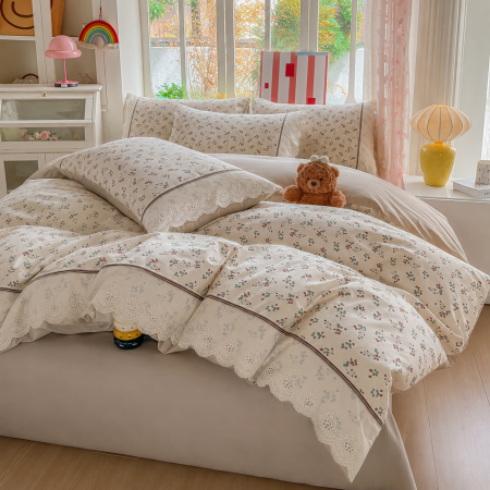 Lenjerii 100% Bumbac - Lenjerie de pat bumbac 100%, 4 piese, floral crem, BCP408