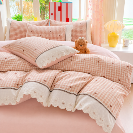 Lenjerii 100% Bumbac - Lenjerie de pat bumbac 100%, 4 piese, model roz cu inimioare, BCP406