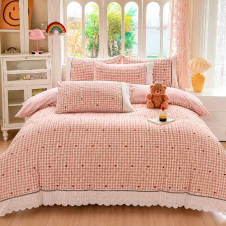 Lenjerii 100% Bumbac - Lenjerie de pat bumbac 100%, 4 piese, model roz cu inimioare, BCP406