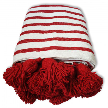 Cuverturi - Patura Maroc 250x150 cm bumbac alba cu dungi rosii tesuta manual
