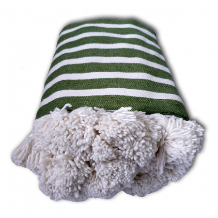 Cuverturi - Patura Maroc 250x150 cm bumbac verde olive cu dungi albe tesuta manual