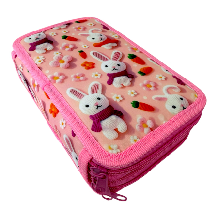 Penar complet echipat, 3 compartimente, 32 piese, pentru fete, Iepurași roz, PNF17, 19 x 12 x 6 cm, 32 piese, Fete, PNF17