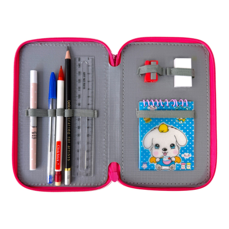 Penare - Penar complet echipat, 3 compartimente, 32 piese, pentru fete, roz, PNF08