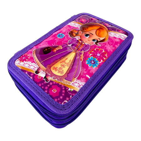 Penare - Penar complet echipat, 3 compartimente, 32 piese, pentru fete, model Prințesă, PNF07