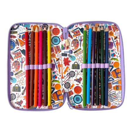 Penare - Penar complet echipat, 3 compartimente, 32 piese, pentru fete, roz-lila, PNF10