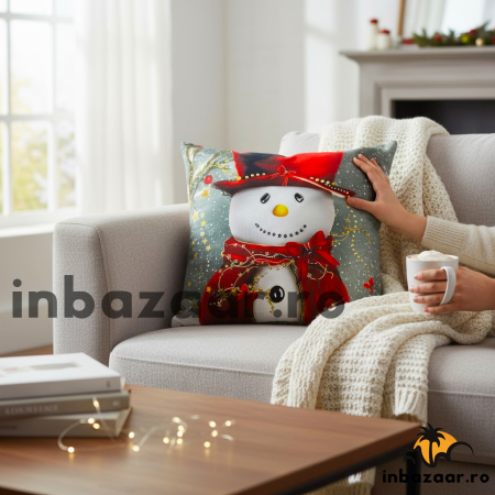 Perne și pilote - Pernă decorativă de Crăciun 40x40 cm cu om de zăpadă PPC04