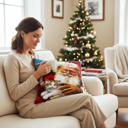 Perne și pilote - Pernă decorativă de Crăciun 40x40 cm cu Moș Crăciun și pisicuță PPC06