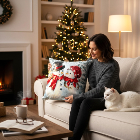 Perne și pilote - Pernă decorativă de Crăciun 40x40 cm cu Moș Crăciun și pisicuță PPC06