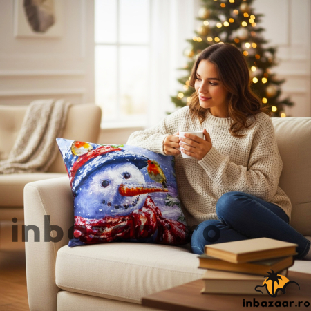 Perne și pilote - Pernă decorativă de Crăciun 40x40 cm cu om de zăpadă PPC02