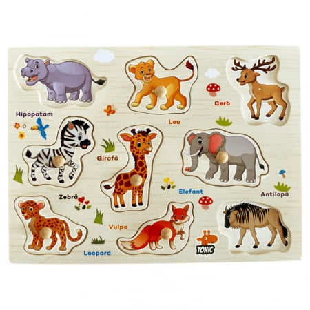 Jucării - Puzzle incastru din lemn cu butoni în limba română animale sălbatice JC35