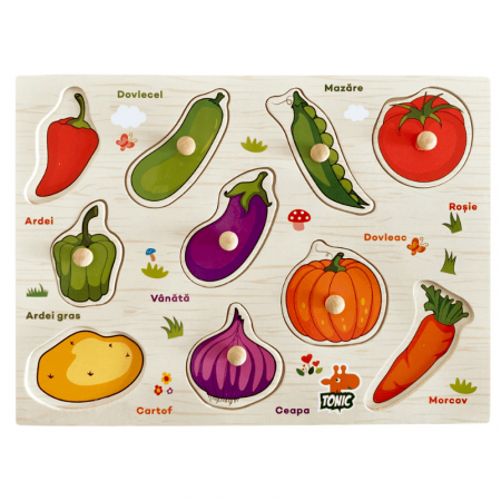 Jucării - Puzzle incastru din lemn cu butoni în limba română cu legume JC34