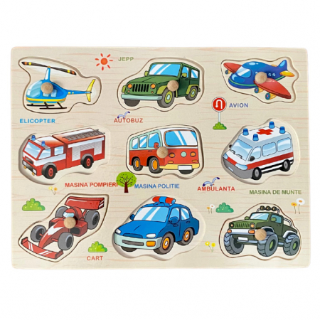 Jucării - Puzzle incastru din lemn cu butoni în limba română cu mașini JC33