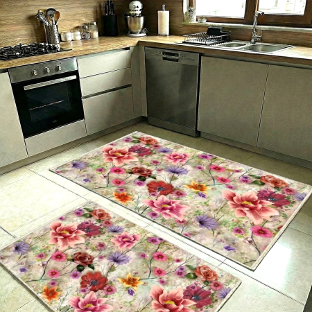 Covoare antiderapante - Set covoare bucătărie antiderapante, 2 piese, model floral multicolor