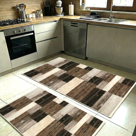 Covoare antiderapante - Set covoare bucătărie antiderapante, 2 piese, model lemn decorativ