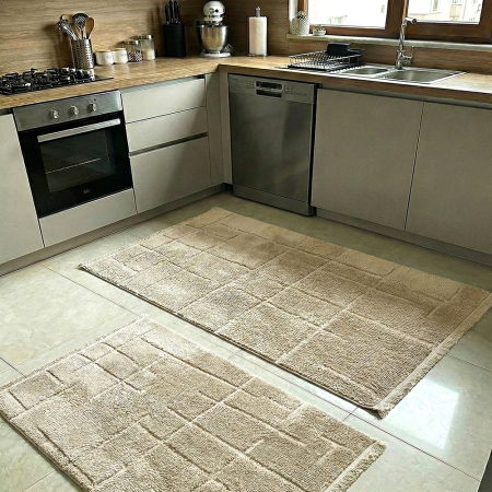 Covoare antiderapante - Set 2 covoare bucătărie antiderapante, Welsoft, model texturat crem