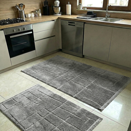 Covoare antiderapante - Set 2 covoare bucătărie antiderapante, Welsoft, model texturat gri