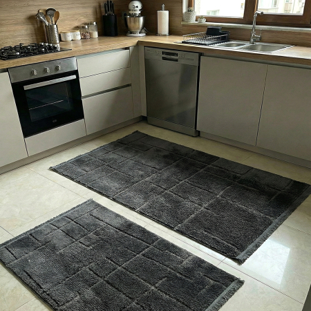 Covoare antiderapante - Set 2 covoare bucătărie antiderapante, Welsoft, model texturat antracit