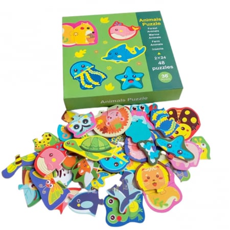 Pentru copii - Set 24 puzzle din 2 piese din lemn cu animale JC77