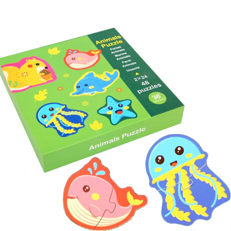 Pentru copii - Set 24 puzzle din 2 piese din lemn cu animale JC77