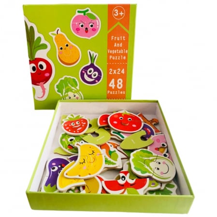 Pentru copii - Set 24 puzzle din 2 piese din lemn cu legume JC79