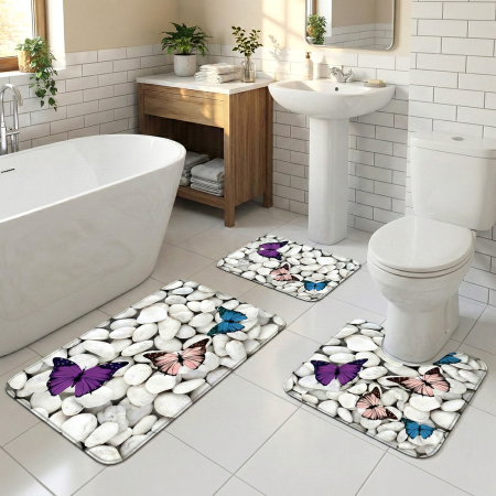 Covoare baie - Set covoare baie antiderapante, 3 piese, model fluturi decorativi