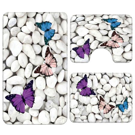Covoare baie - Set covoare baie antiderapante, 3 piese, model fluturi decorativi