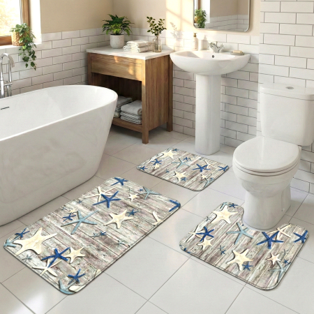 Covoare baie - Set covoare baie antiderapante, 3 piese, model marin cu stele de mare
