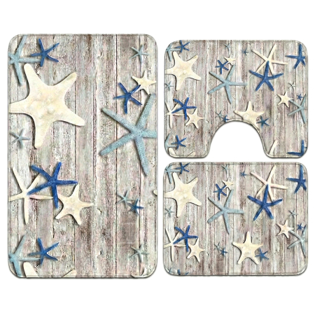 Covoare baie - Set covoare baie antiderapante, 3 piese, model marin cu stele de mare