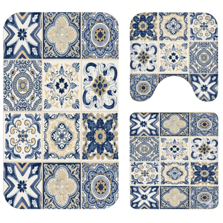 Covoare baie - Set covoare baie antiderapante, 3 piese, model ceramic decorativ